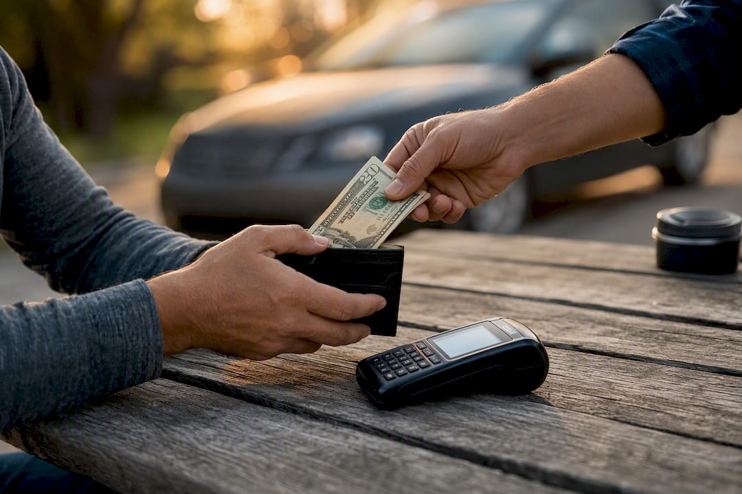 Hand receiving cash payment outdoors