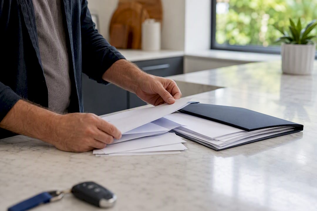 Hands organizing car sale documents