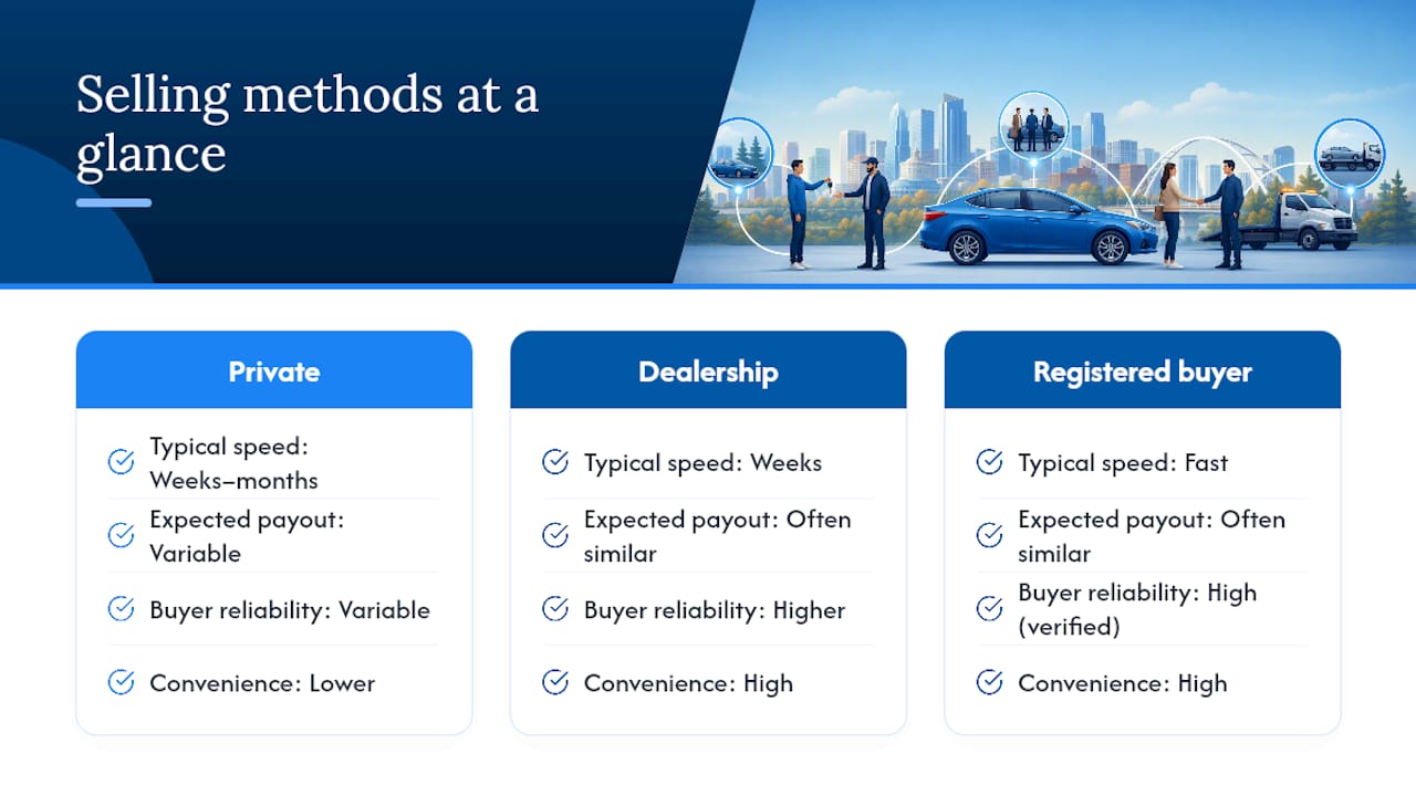 Diagram comparing car selling methods by speed and payout