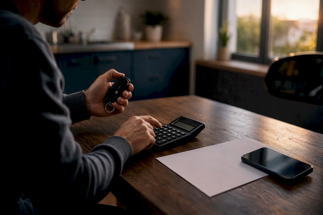 Hands using calculator and holding car key fob