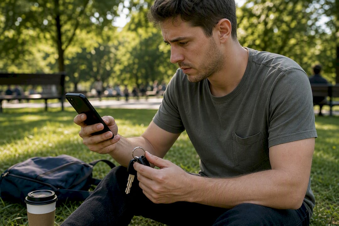 Buyer checking phone waiting outdoors