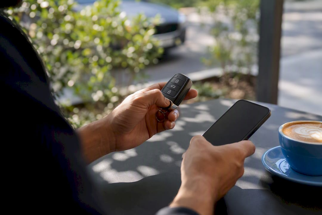 Hands holding car keys and mobile phone