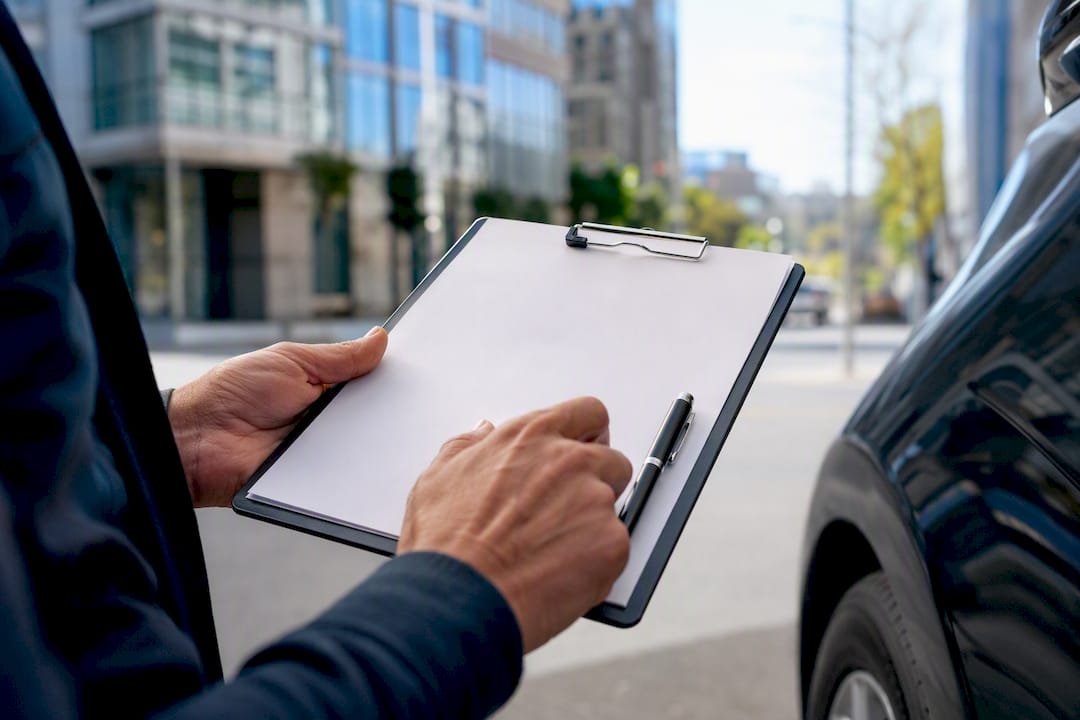 Hands holding clipboard by car inspecting records