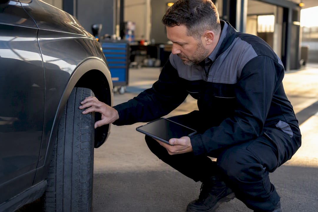 Technician checking tire tread during vehicle inspection
