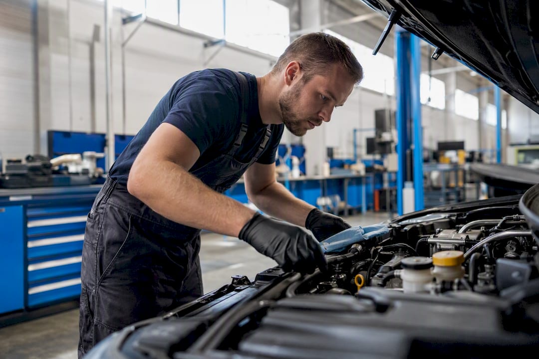 Technician inspecting vehicle engine components