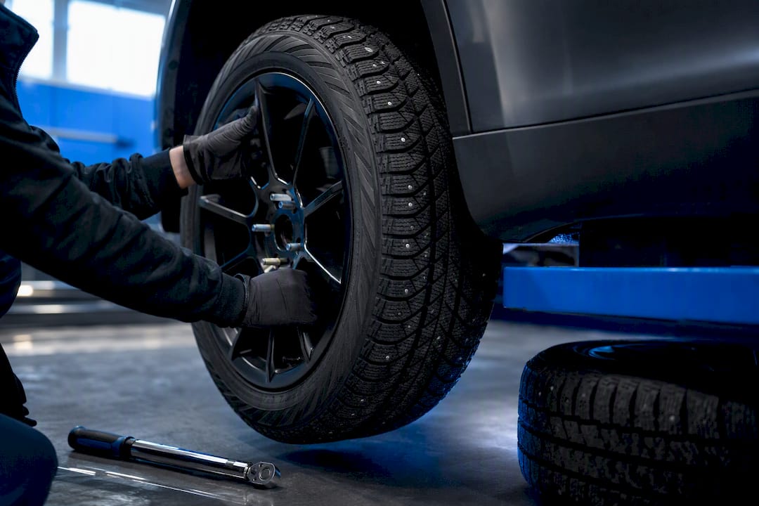 Winter wheel being mounted for Tesla sale