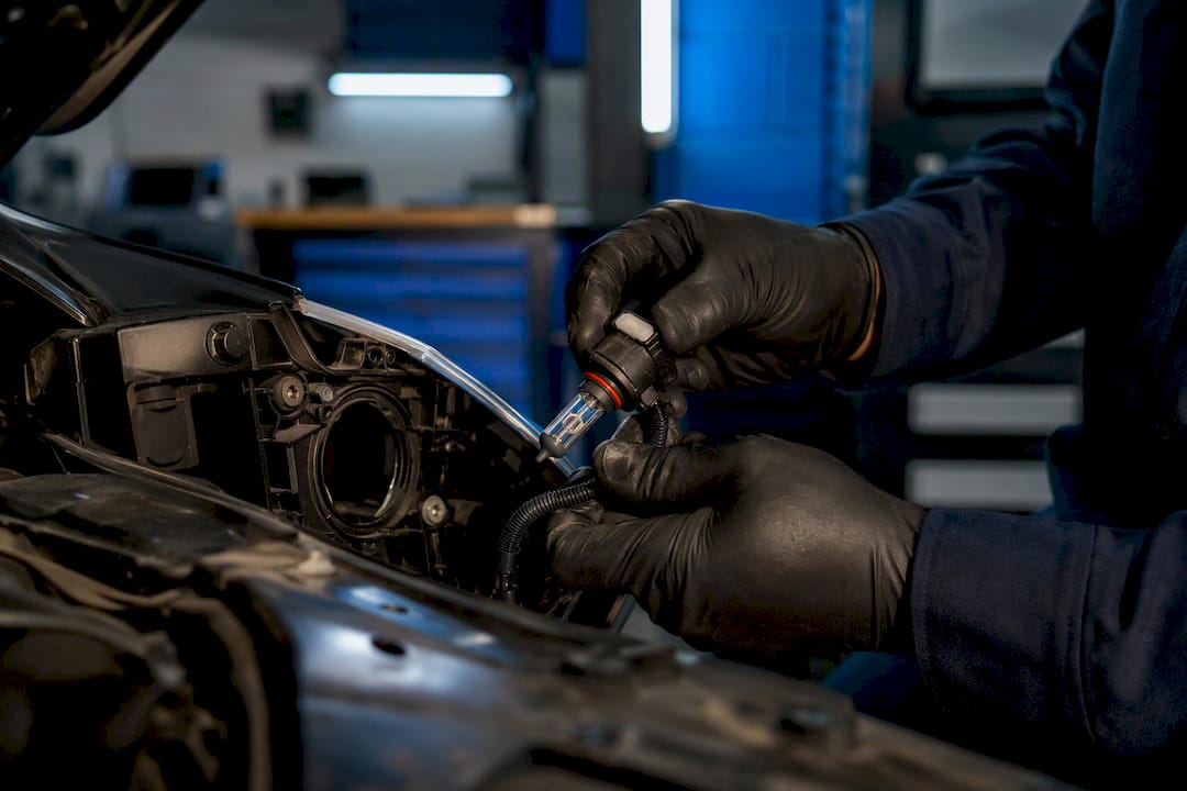 Mechanic replacing a vehicle headlight bulb