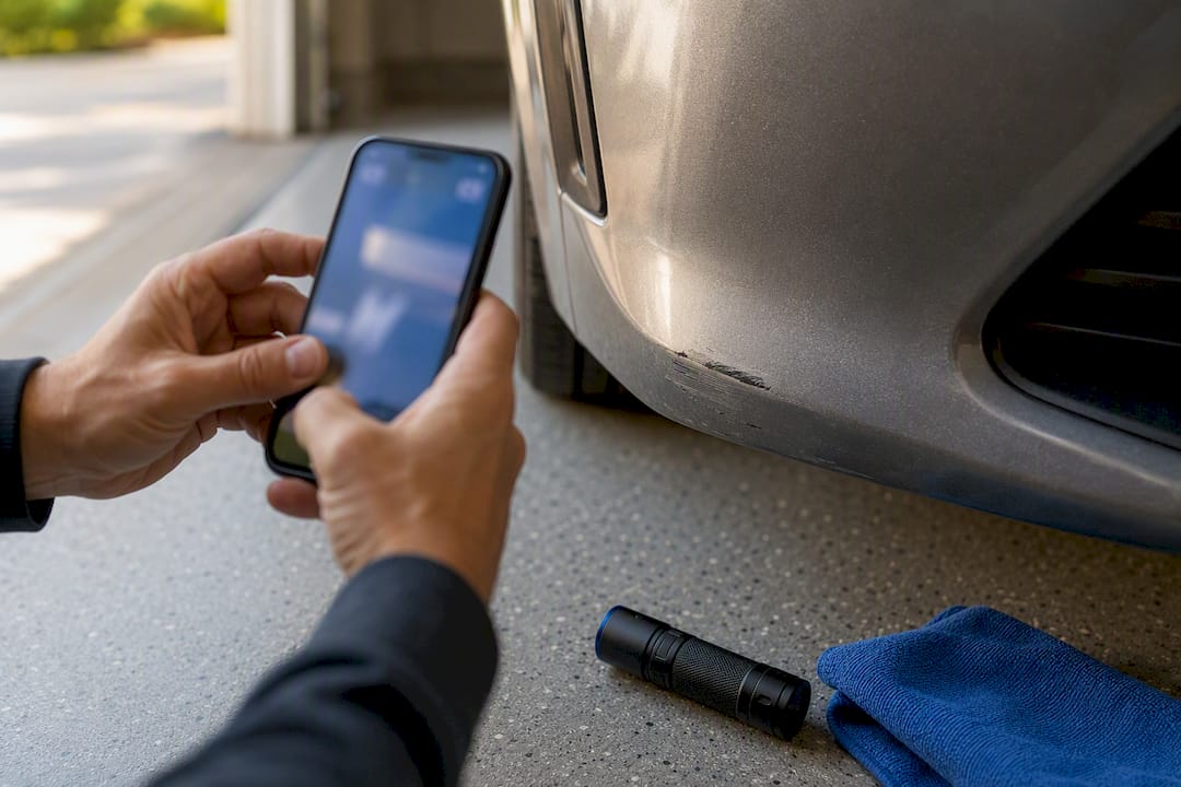 Seller photographing a vehicle bumper scuff