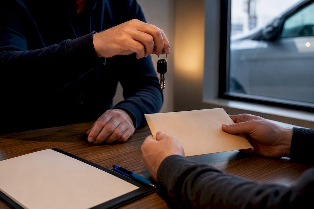 Hands exchanging vehicle keys and payment