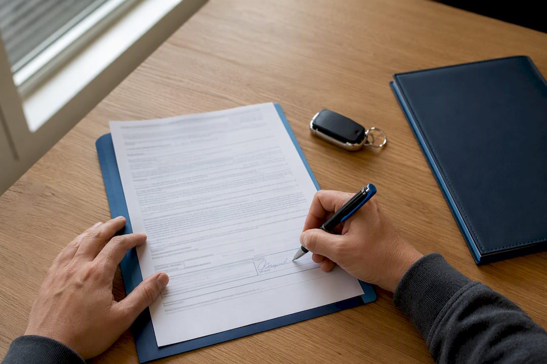 Hands signing original vehicle transfer papers