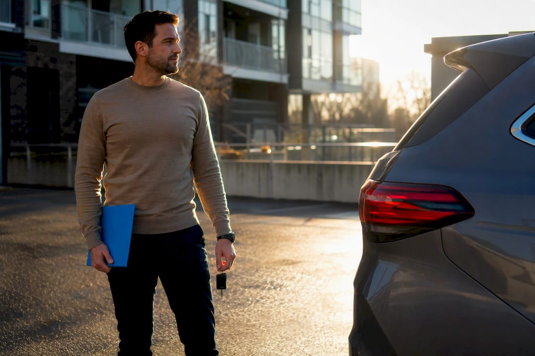 Calgary seller beside an anonymous vehicle