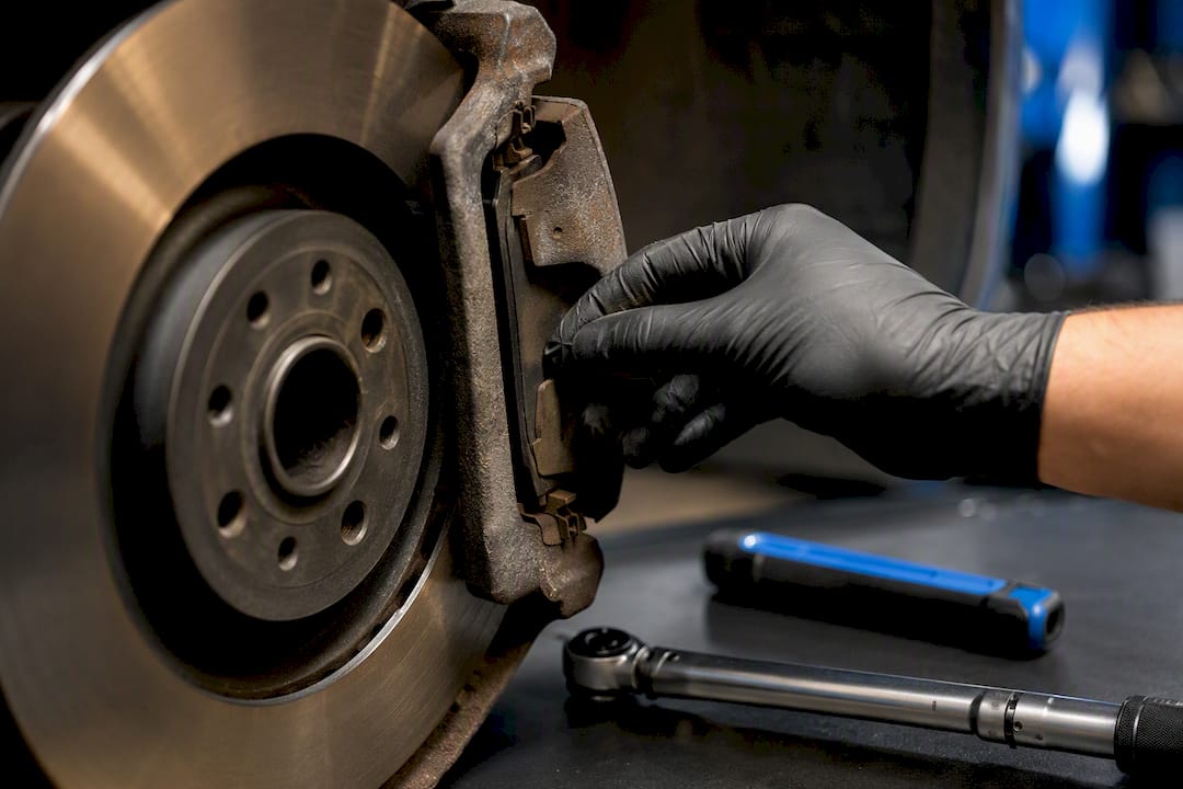 Mechanic inspecting anonymous vehicle brake components