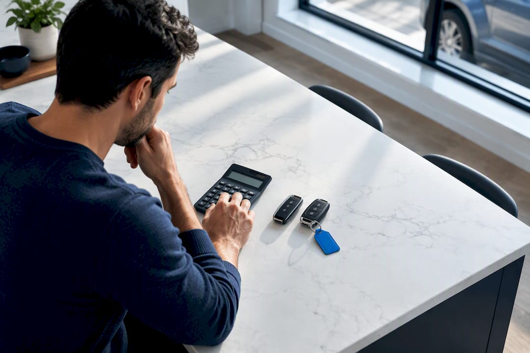 Seller comparing car sale options with calculator