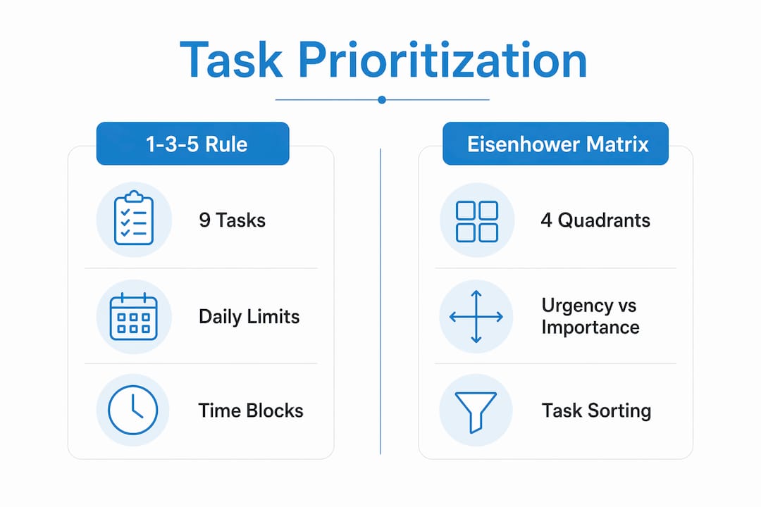 Infographic comparing task prioritization frameworks 1-3-5 rule and Eisenhower matrix