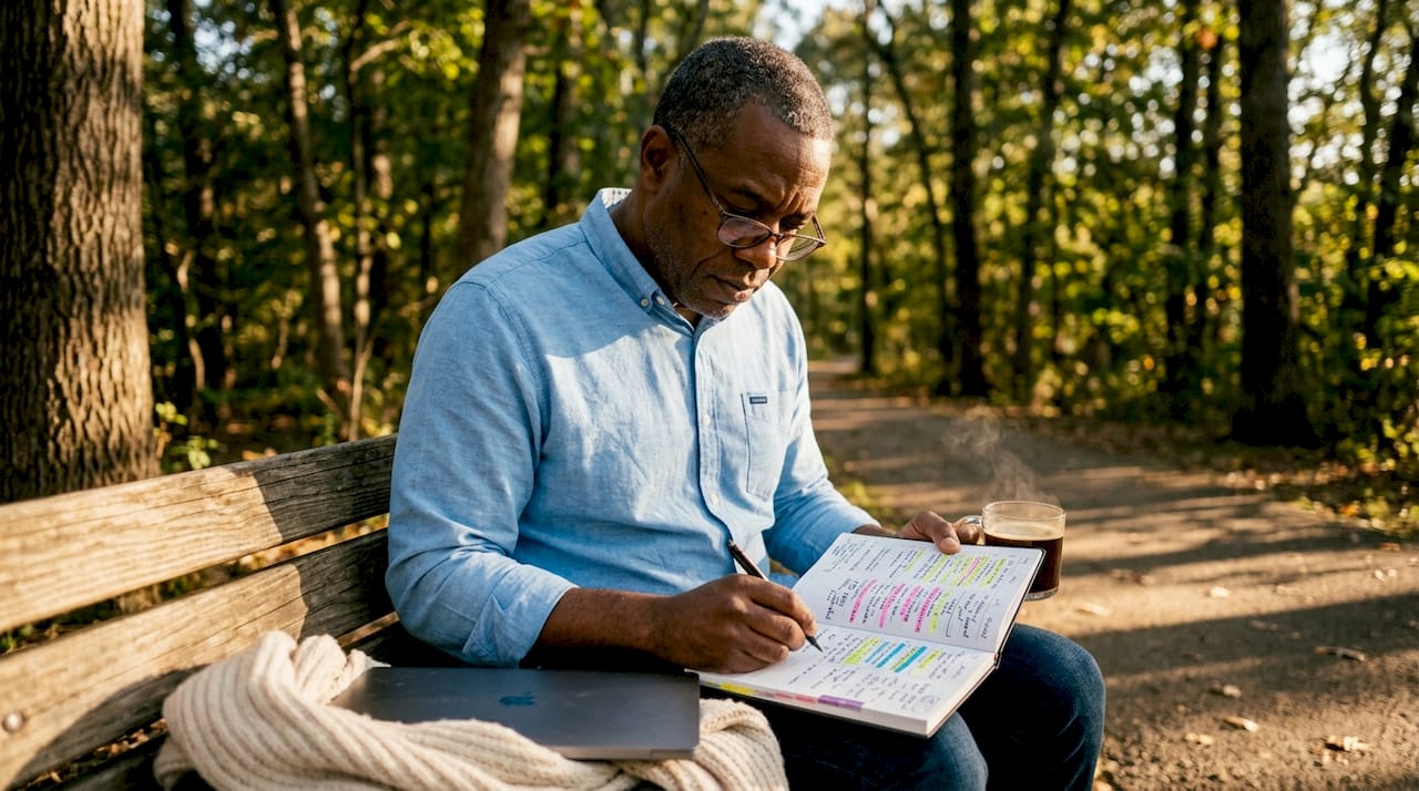 Man reviewing planner with buffer time blocks