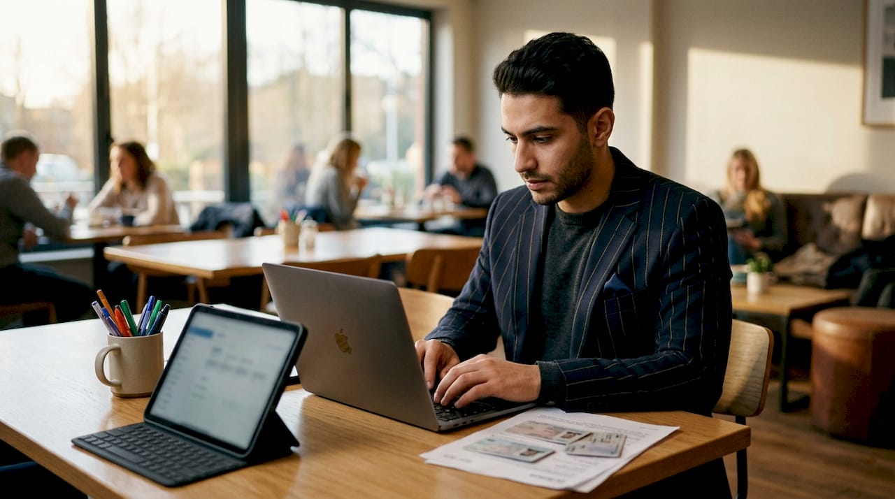 Estate agent verifying identity documents with digital tools