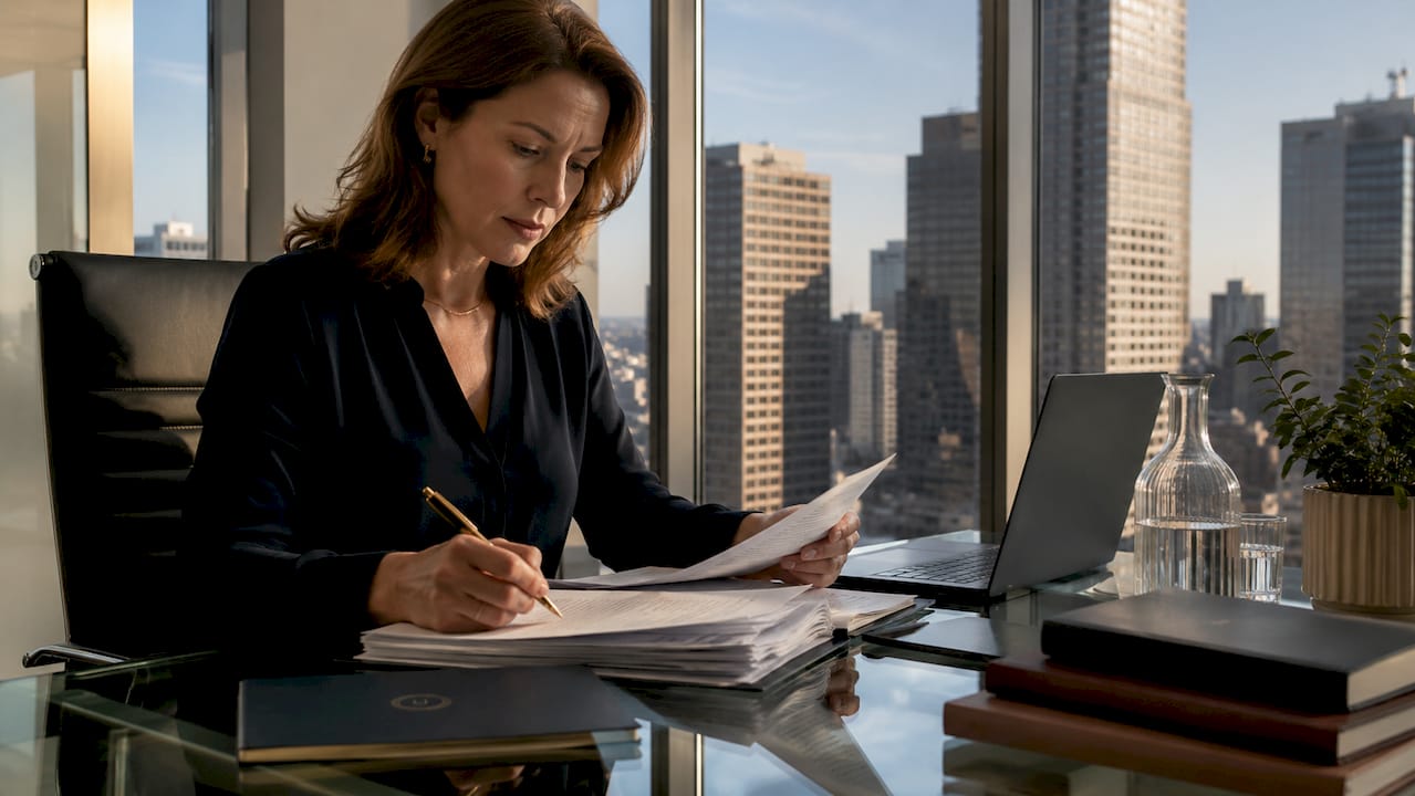Compliance officer reviewing cross-border signing checklist