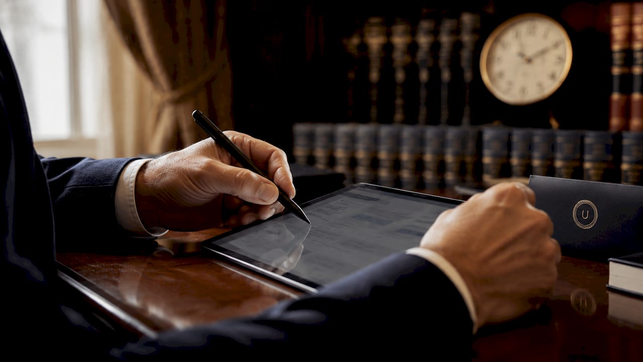 Legal professional using tablet for e-signature