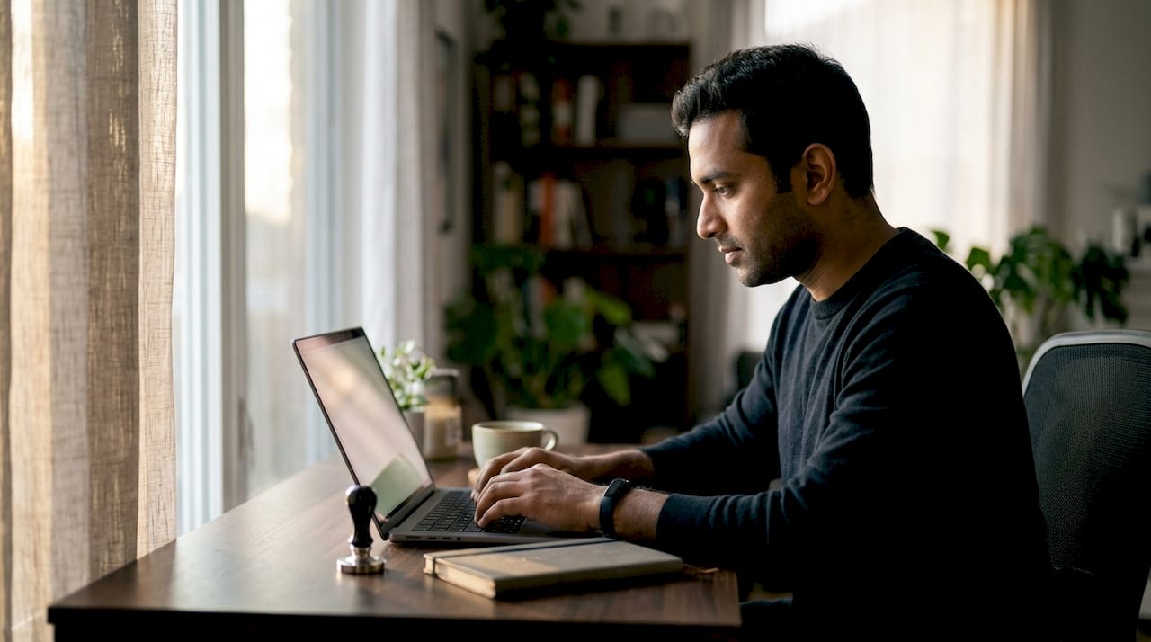 Hands typing in remote online notarisation