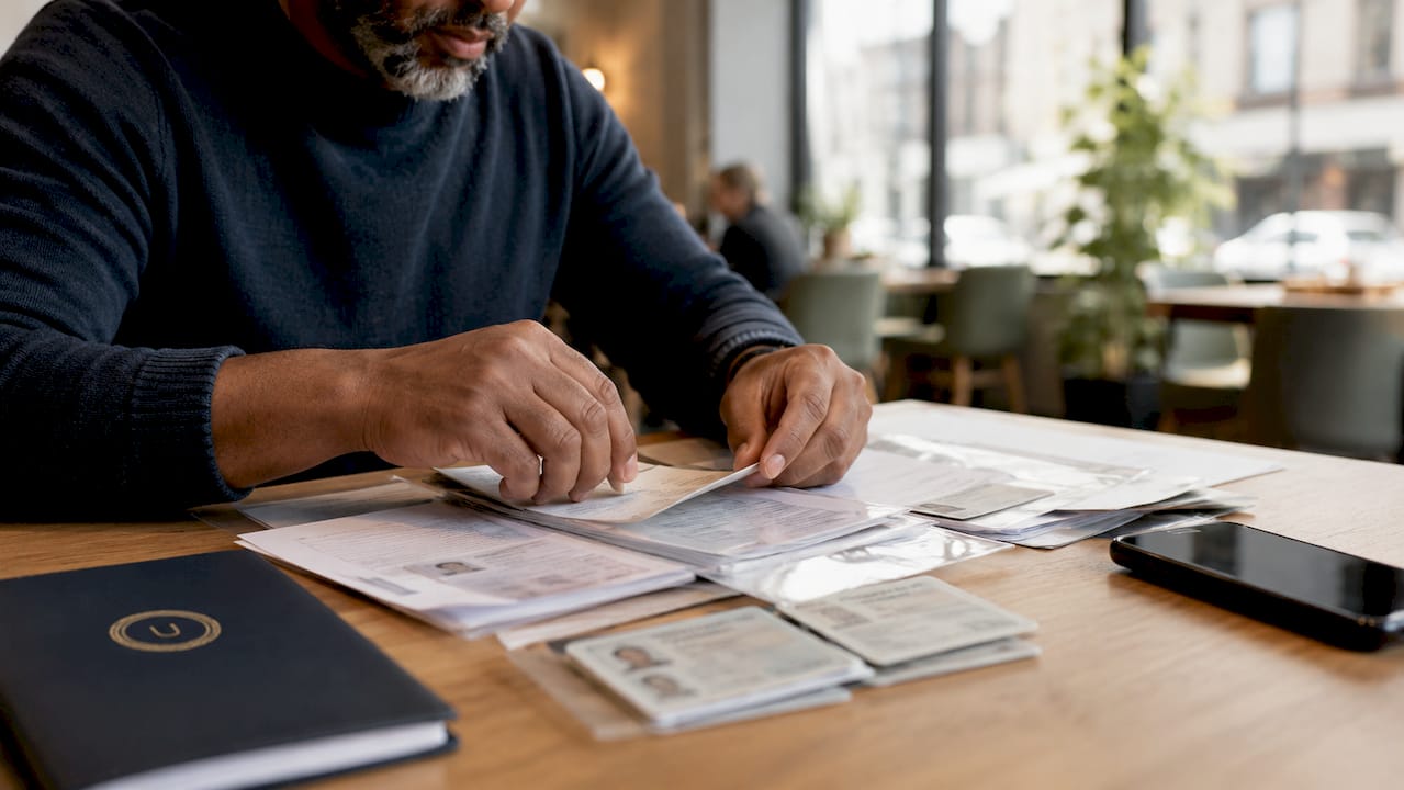 Hands sorting AML screening documents in office
