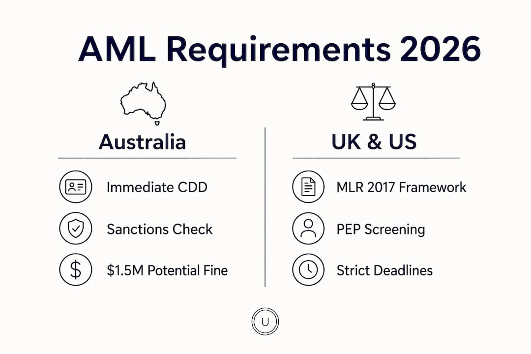 Infographic comparing AML requirements Australia vs UK and US in 2026
