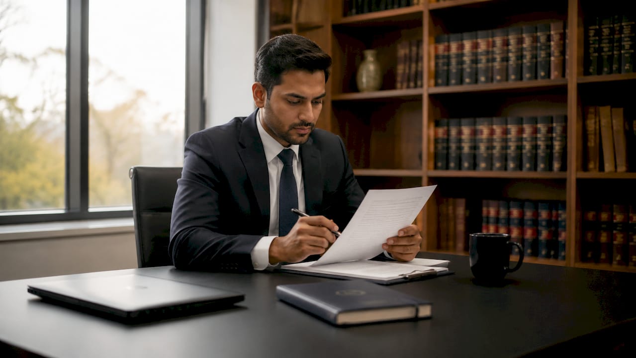 Hands reviewing legal checklist on office desk