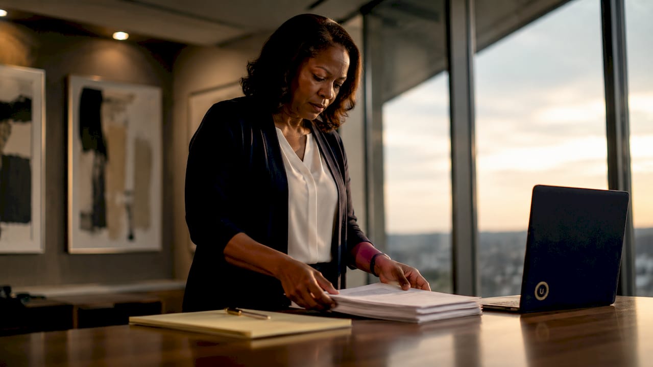 Woman organizing legal signing documents at table