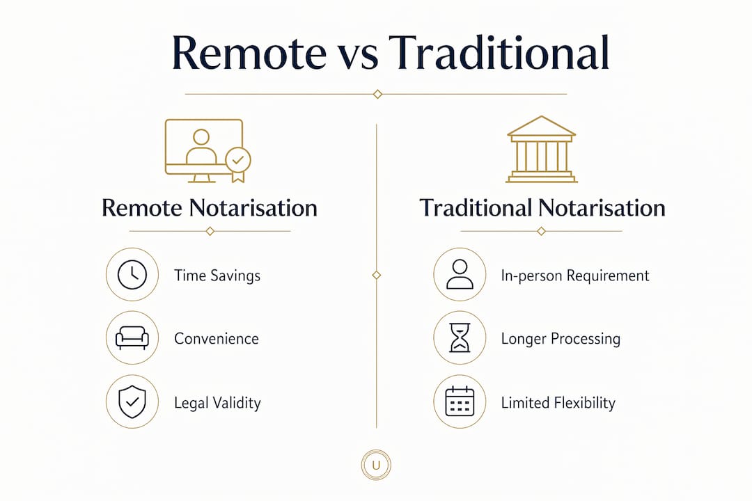 Infographic comparing remote and traditional notarisation benefits