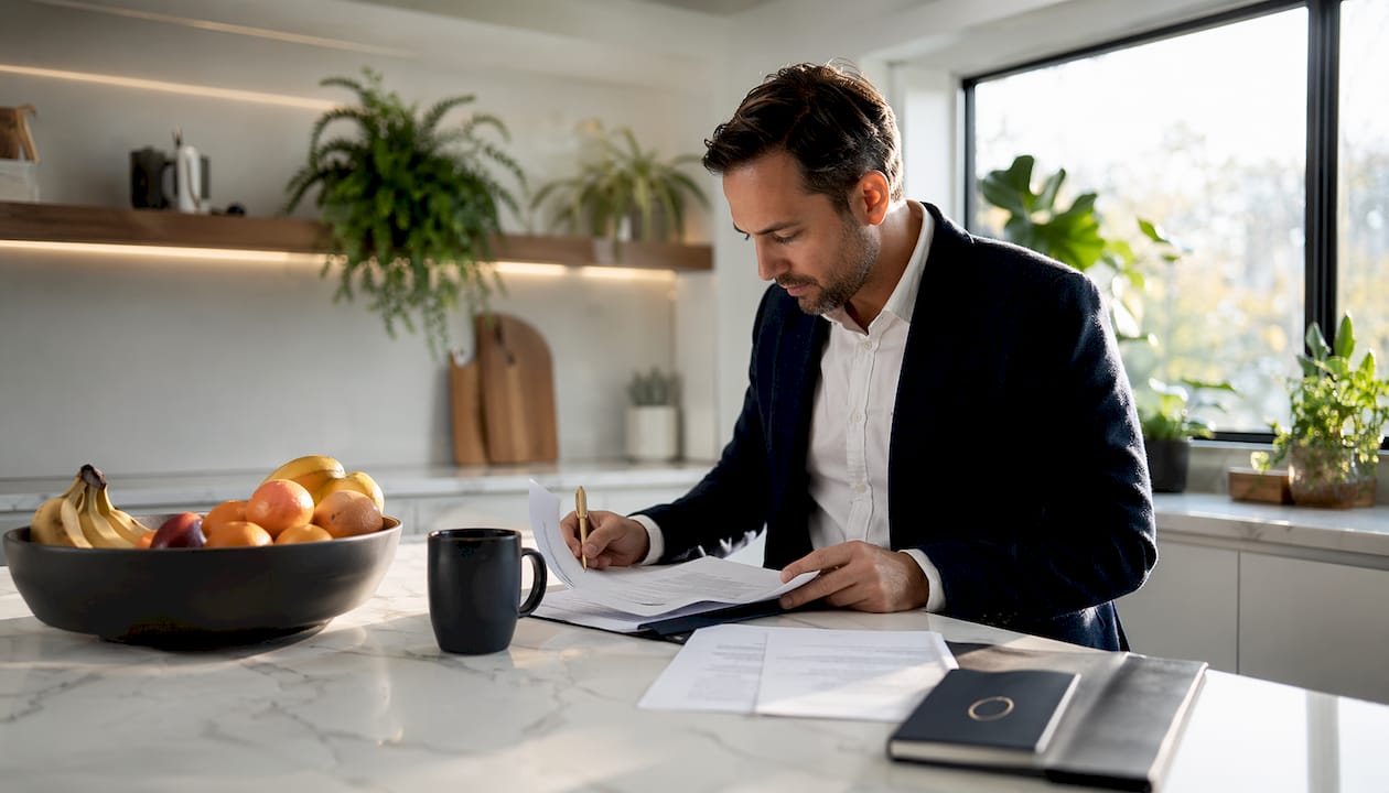 Legal professional reviewing client care letter at desk