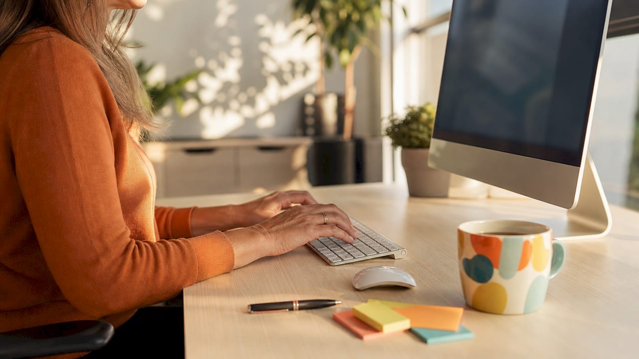 Detailaufnahme: Hände tippen konzentriert auf einer Tastatur im heimischen Arbeitszimmer.