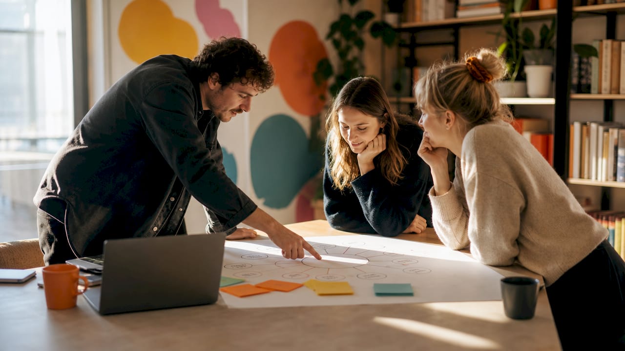 Das Team tauscht sich über Themencluster und die passende Keyword-Strategie aus.