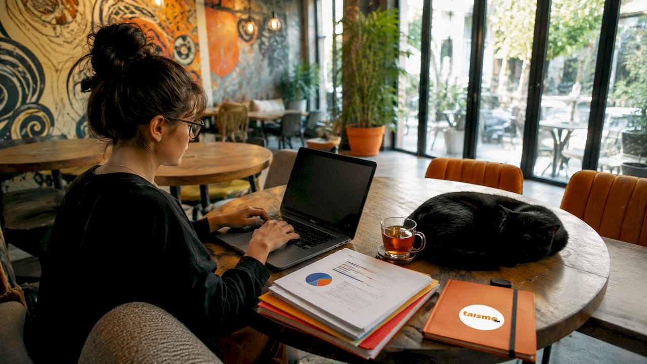 Eine schwarze Katze macht es sich auf dem Schreibtisch gemütlich – direkt neben dem geöffneten SEO-Dashboard.