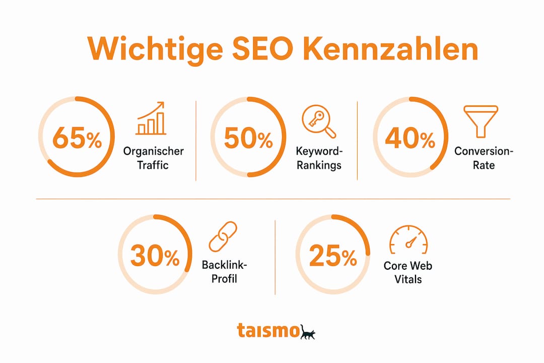 Übersichtliche Infografik mit den wichtigsten SEO-Kennzahlen, anschaulich und ansprechend visualisiert.