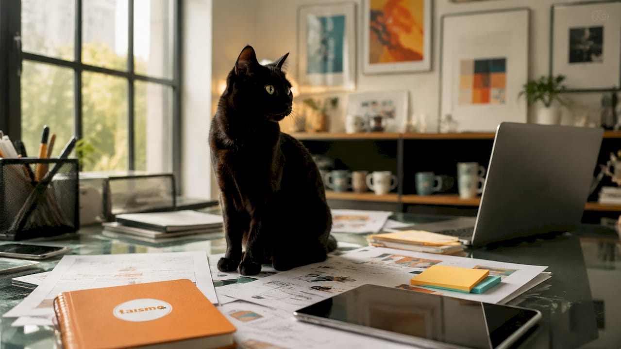 Eine schwarze Katze hat sich auf meinem Schreibtisch zwischen all den technischen Unterlagen gemütlich gemacht.