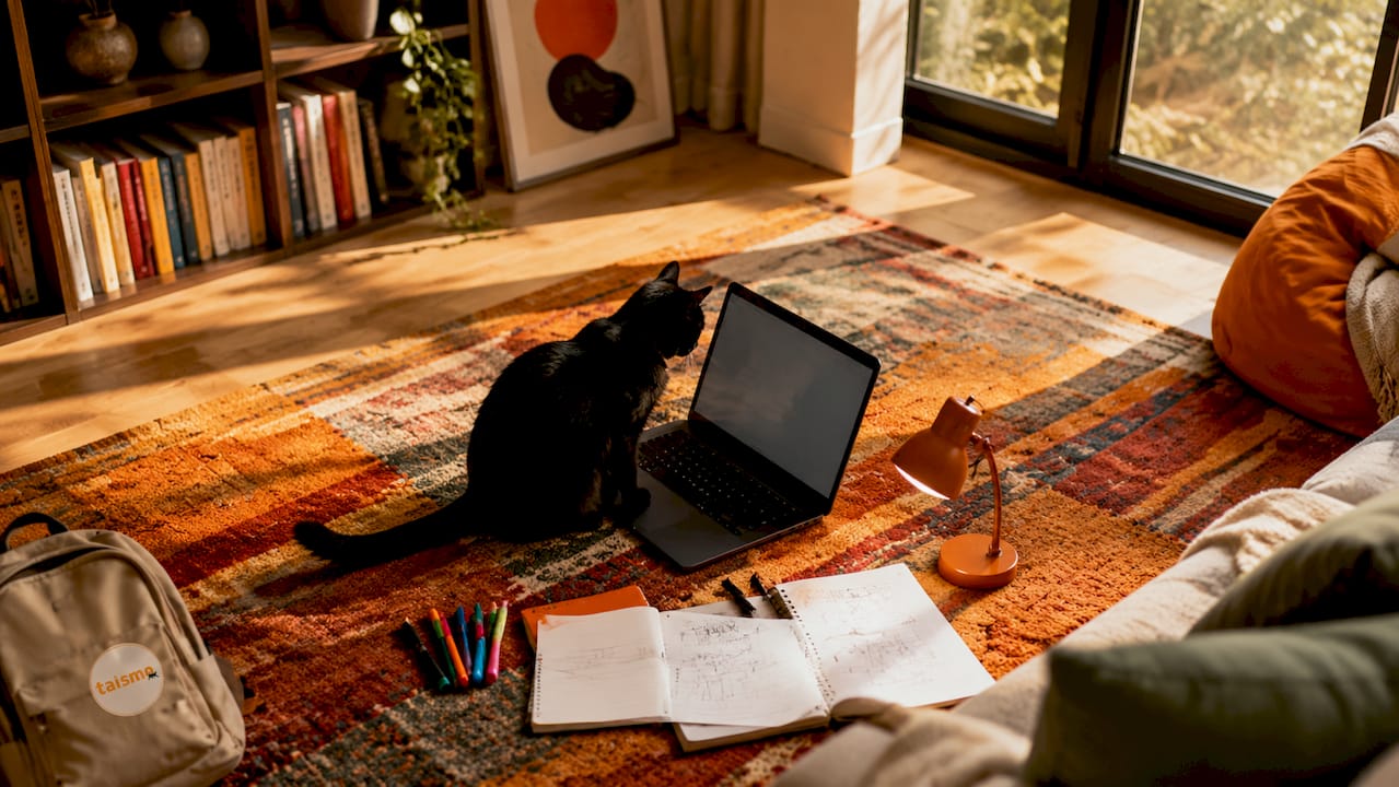 Eine schwarze Katze sitzt aufmerksam vor einem Laptop auf dem Schreibtisch und beobachtet das Geschehen.
