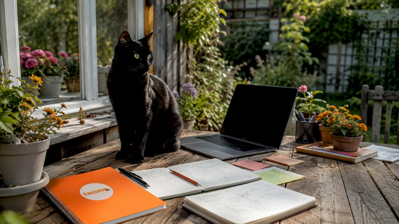 Eine schwarze Katze hat es sich auf dem Schreibtisch gemütlich gemacht – direkt neben meinem Laptop.