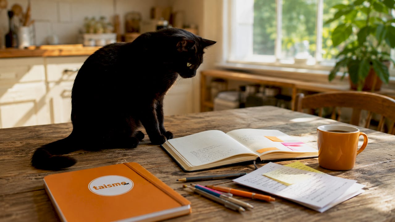 Eine schwarze Katze sitzt auf dem Schreibtisch, neben einem aufgeklappten Laptop und Unterlagen rund um SEO.
