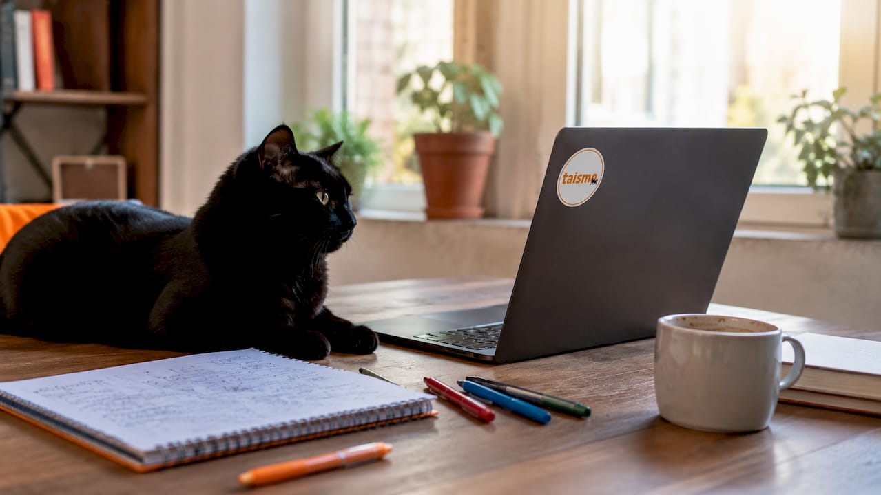 Ein schwarzer Kater hat sich direkt neben meinem Laptop auf dem Schreibtisch niedergelassen.