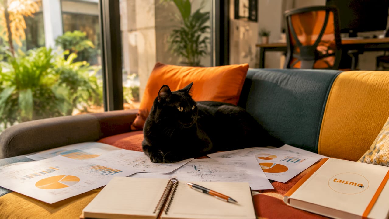Im SEO-Büro macht es sich eine schwarze Katze auf dem Schreibtisch gemütlich.