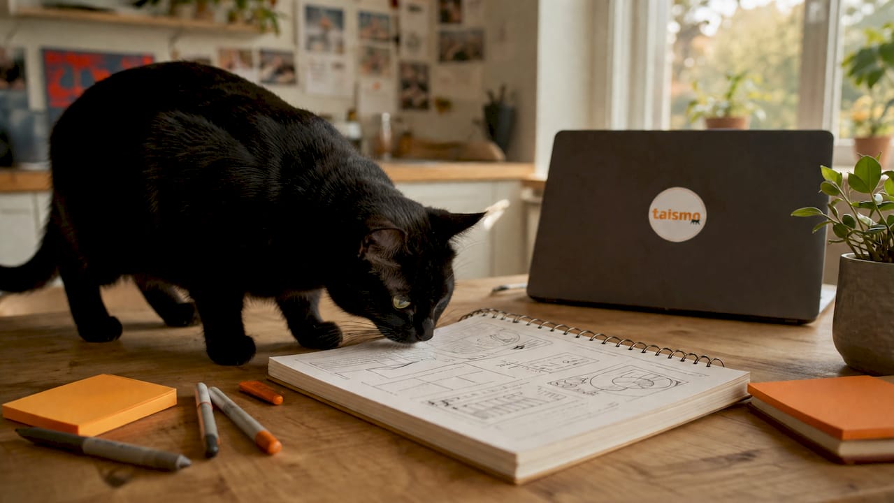 Eine schwarze Katze streift neugierig durch das Büro eines SEO-Spezialisten.