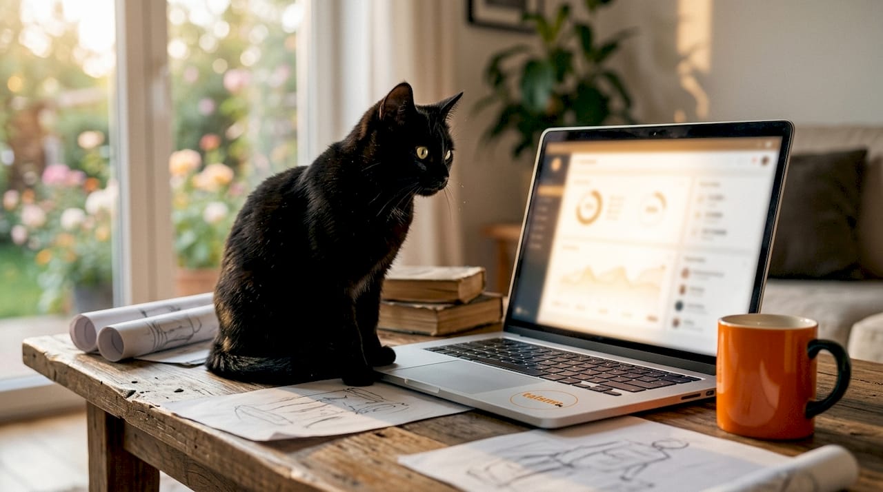 Eine schwarze Katze sitzt neben einem Laptop, auf dessen Bildschirm ein SEO-Dashboard zu sehen ist.