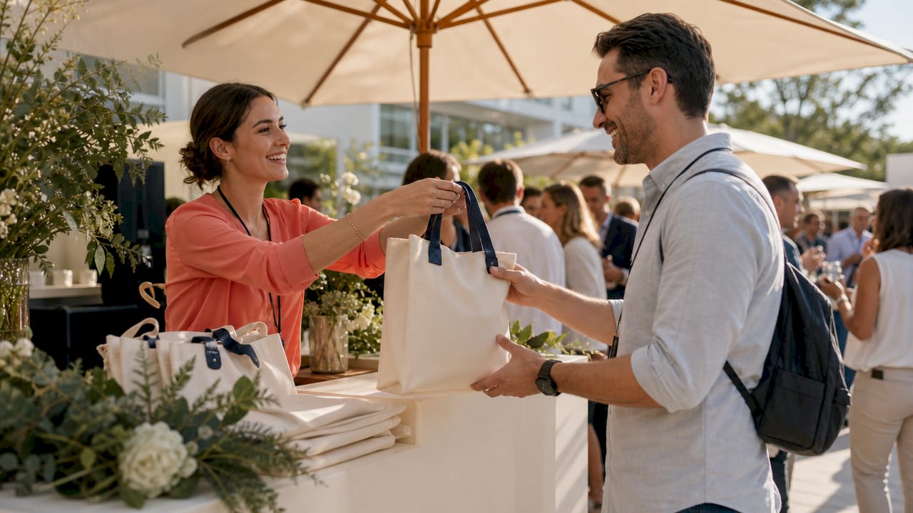 Auf einer Messe überreicht ein Eventmanager einem Besucher ein kleines Geschenk als Giveaway.