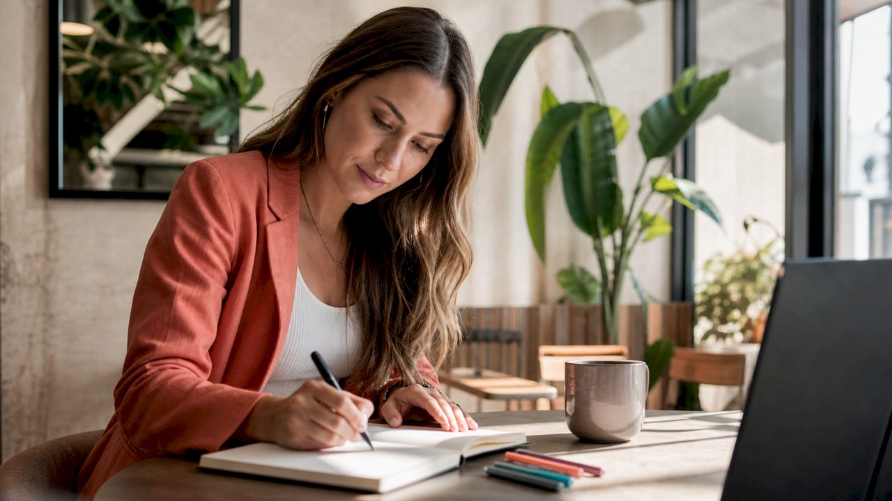 Eine Frau sitzt am Schreibtisch und hält ihre Ziele für das Eventmarketing schriftlich fest.