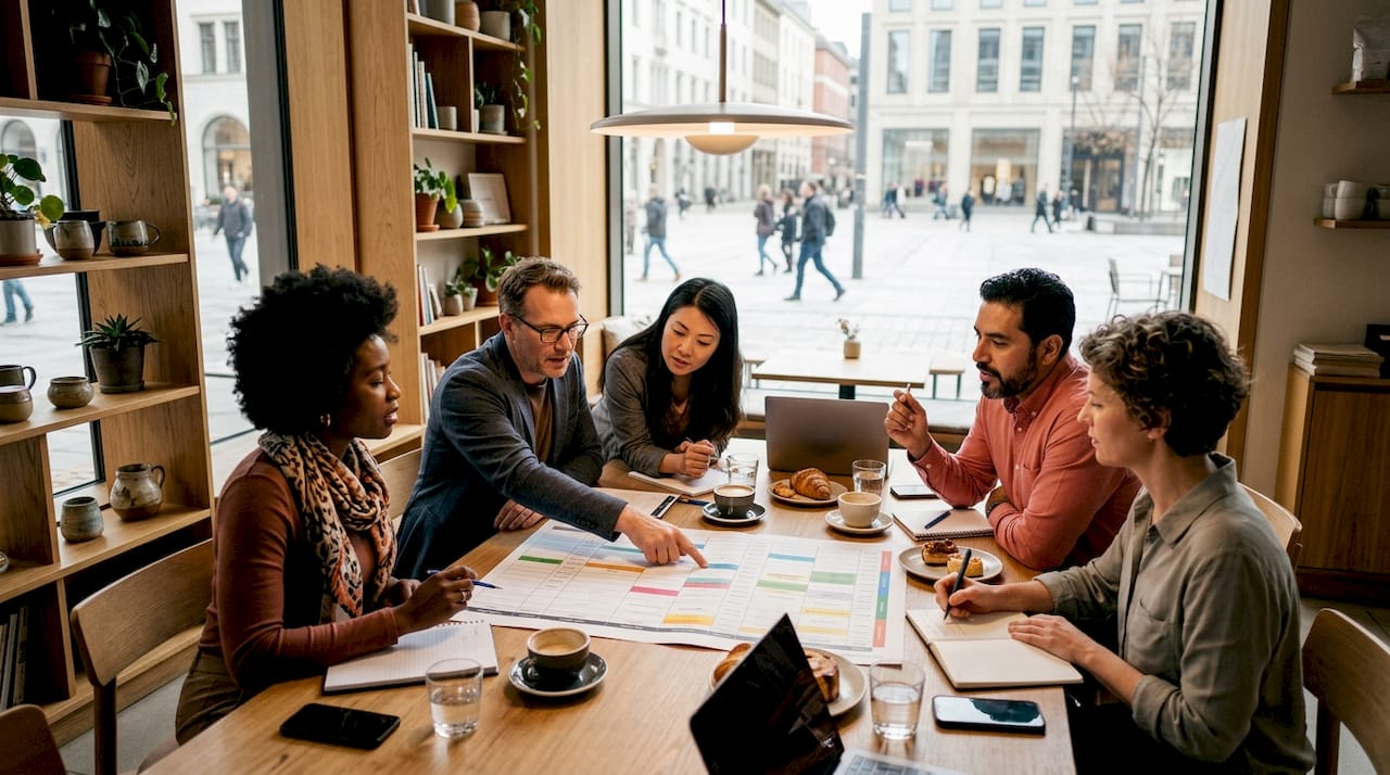 Das Marketingteam sitzt gemeinsam an einem großen Tisch und schmiedet Pläne für das nächste Event.