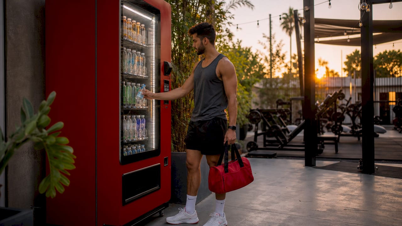 Gym member selecting pre-workout snack from vending machine