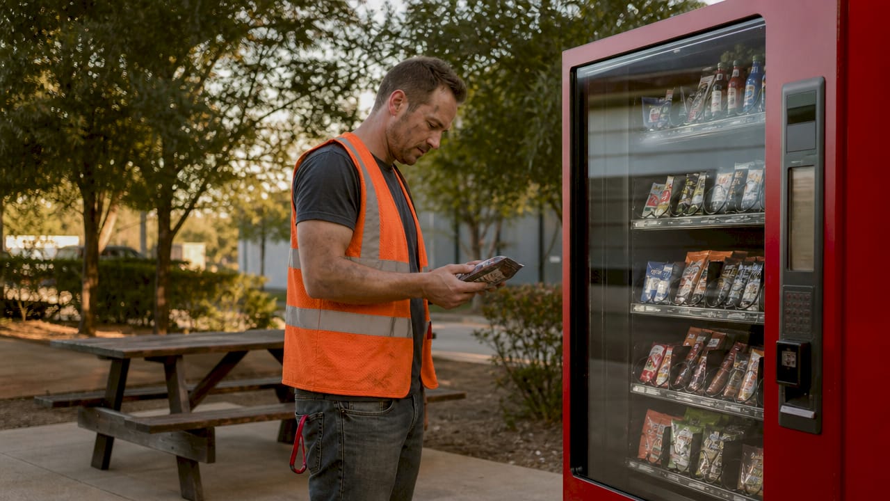 Warehouse worker selecting protein snack from vending
