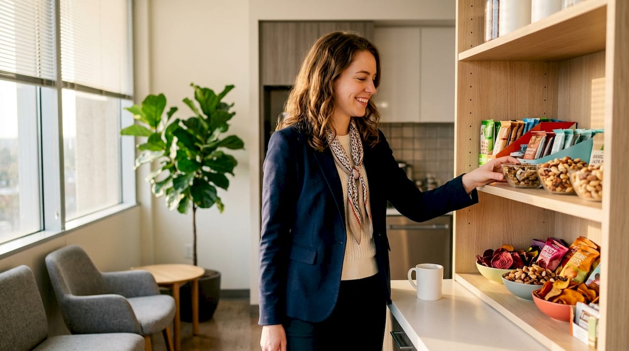 Hand reaching for healthy snack in office pantry