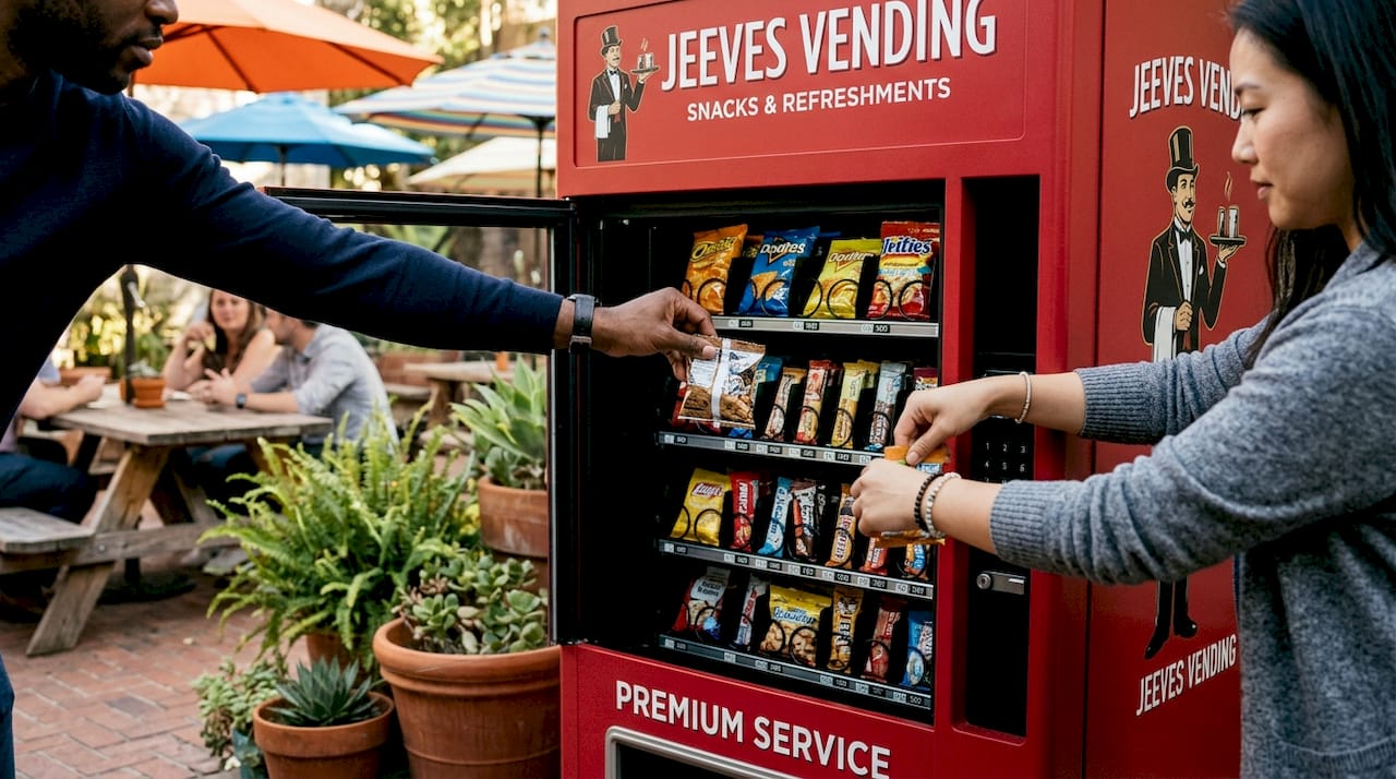 Close-up of hands stocking vending machine snacks