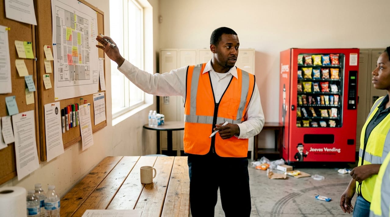 Supervisor pointing at warehouse traffic map