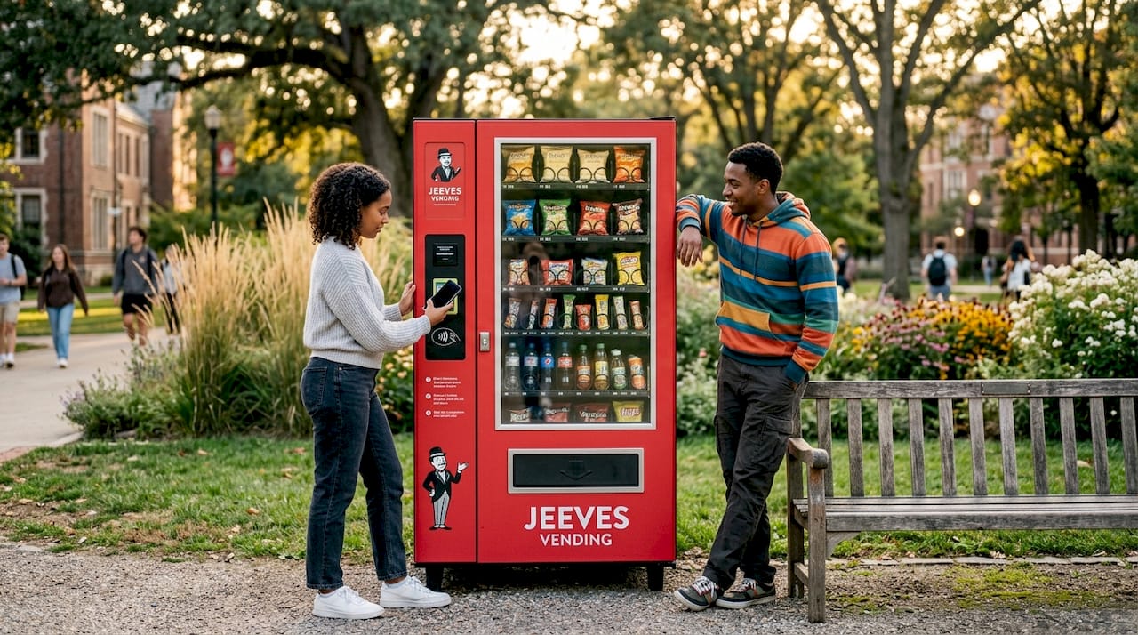 Students paying with phones at outdoor vending machine
